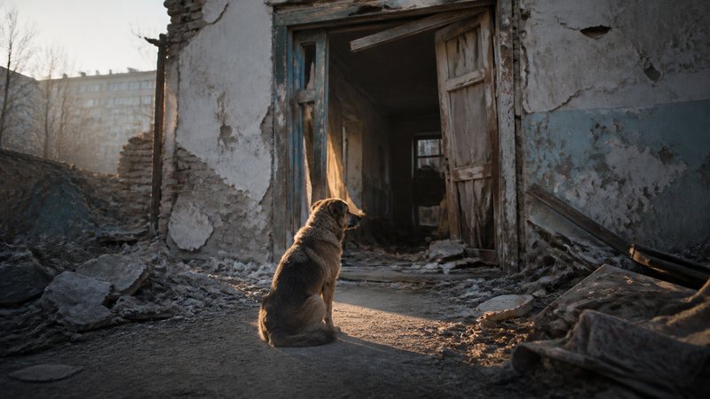 A dog sits alone in the doorway of a bombed-out house at dusk, waiting