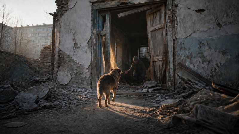 A volunteer approaches a dog waiting in a ruined doorway