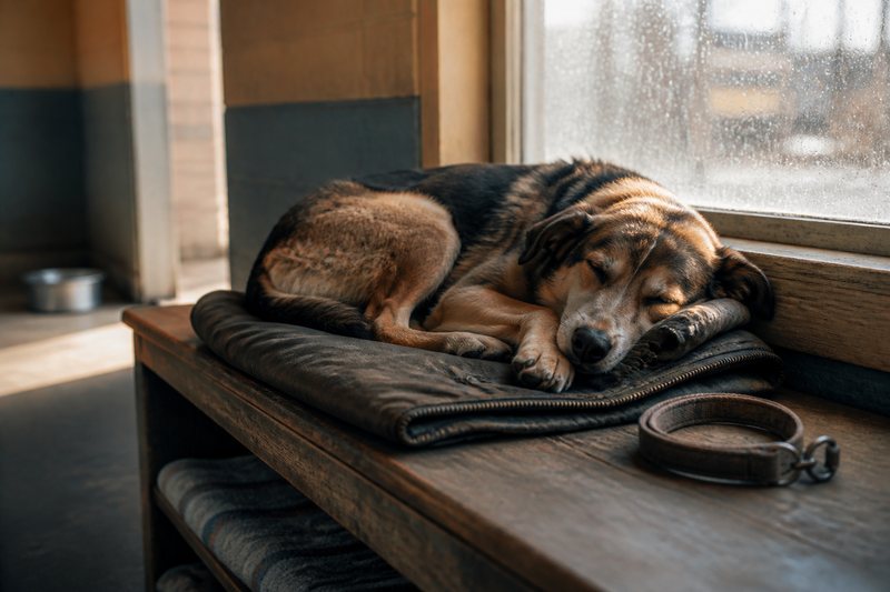 A dog sleeps safely on a blanket in warm indoor light