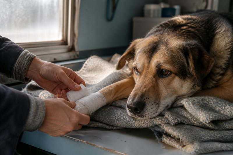 A veterinarian bandages a dog's paw
